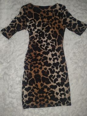 Leopard Print Ruched Bodycon Dress - Brown/Black/Tan